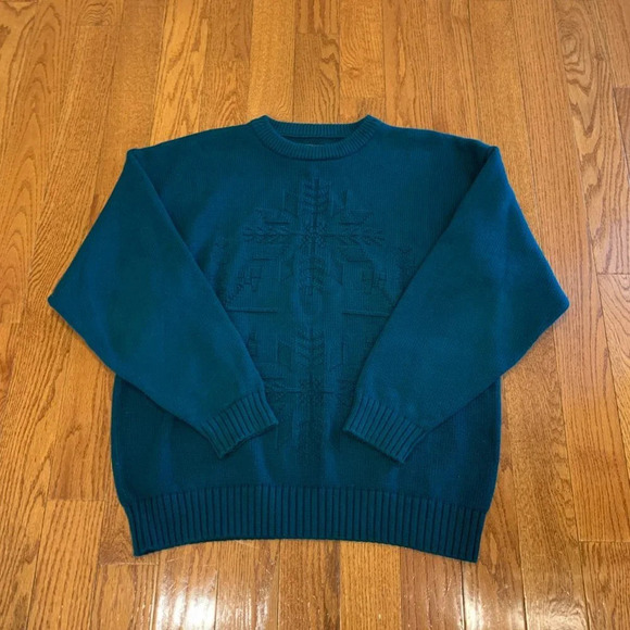 Vintage 90s Eddie Bauer Mens Large 100% Cotton Knit Dad Sweater Green - Picture 12 of 16